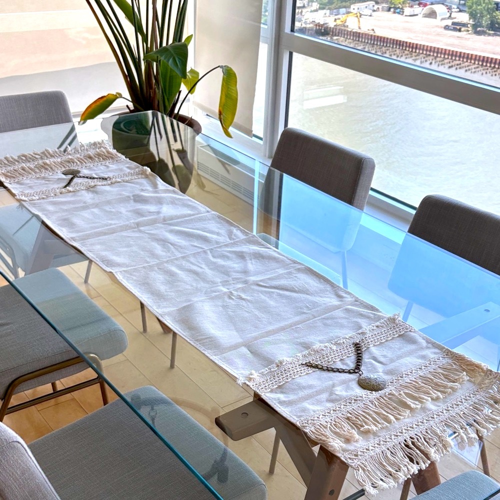 57” x 14” Elegant Cream Table Runner with soft fringed edges and metallic accent